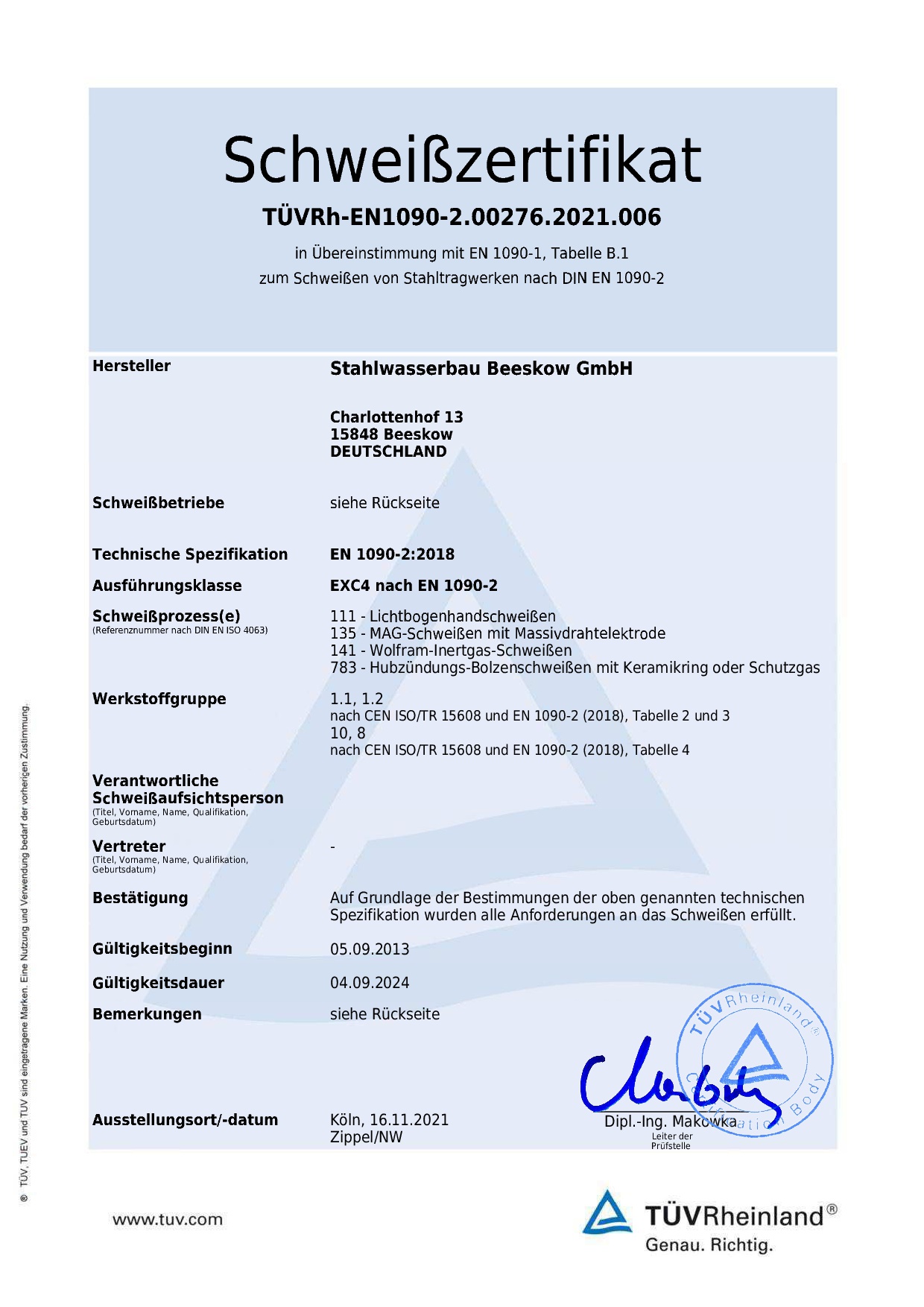 Schweißzertifikat EN1090-2 EXC4